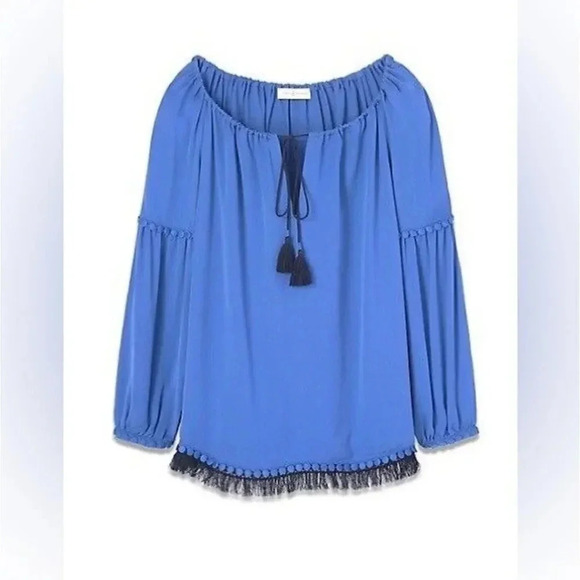Tory Burch Silk Lace Tassel Tunic Blue Peasant Style Boho Blouse Size 4 - Picture 2 of 16
